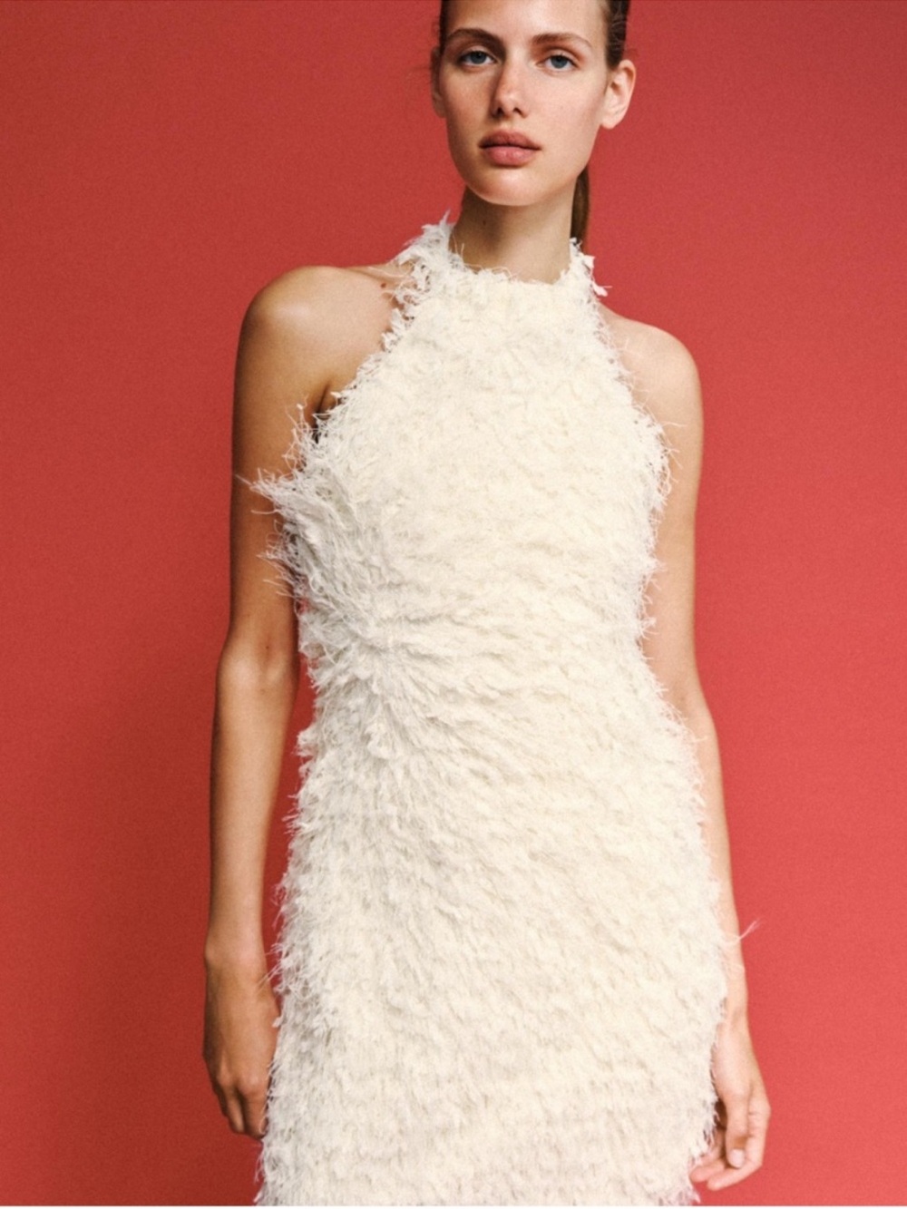 Zara Halter Feather Textured Shag Fringe White Ivory Mini Dress Size Medium - Picture 7 of 14
